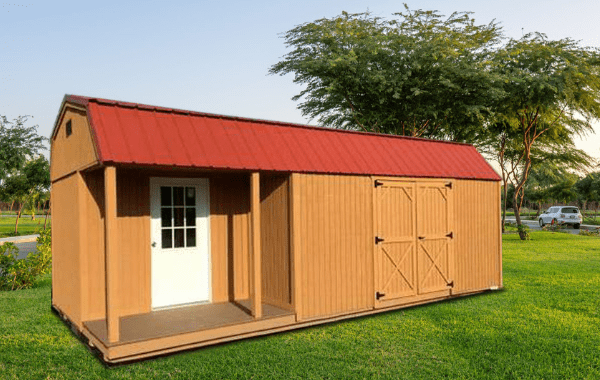 wooden storage building with red roof and porch